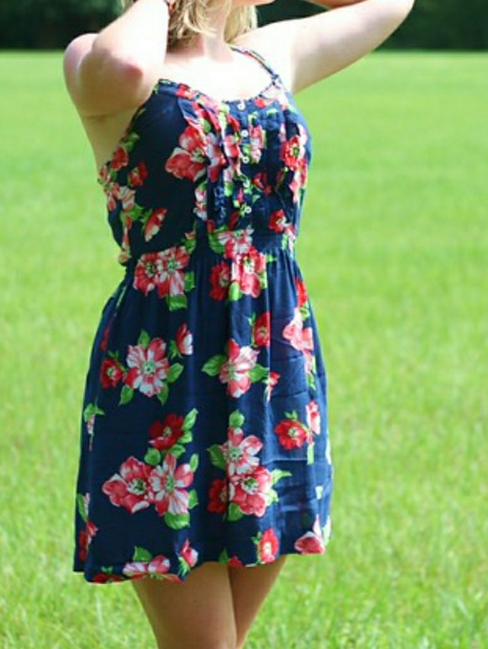 Hollister Floral Print Mini Dress With Decorative Buttons And Spaghetti Straps